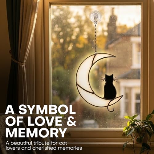 Cat Moon Stained Glass Suncatcher, Window Hanging Decor, Black & White - color: White Black