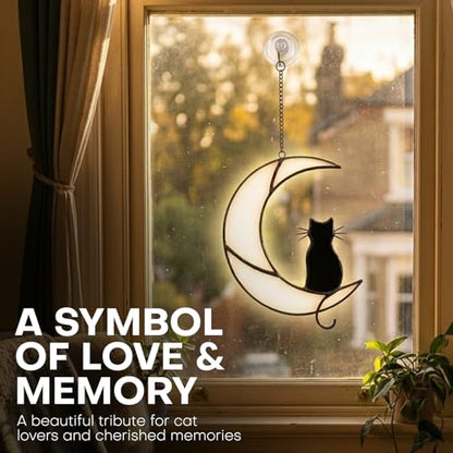 Cat Moon Stained Glass Suncatcher, Window Hanging Decor, Black & White - color: White Black