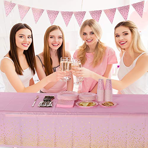 Pink and Gold Party Supplies 145PCS Golden Dot Paper Party Dinnerware Includes Paper Plates, Napkins, Knives, Forks, Cups, Banner, for Bachelorette, Girl Birthday, Baby Shower, Serves 24 - color: Pink Gold (Serves 24)