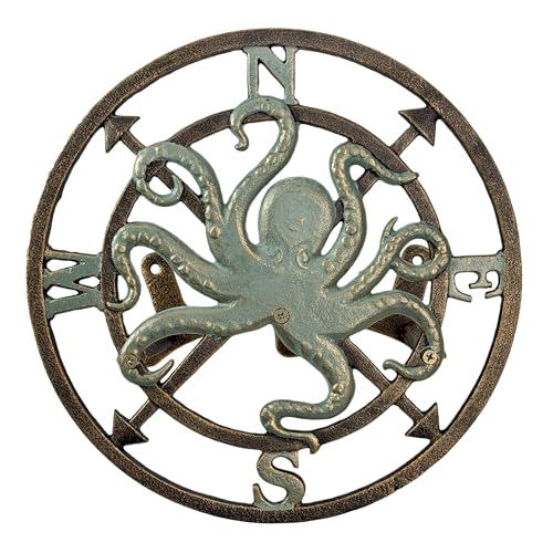Zeckos Garden Hose Holder Octopus Compass 12 Inch Cast Iron Bronze | Verde Patina Detail, Nautical Compass Rose Motif, 5.5 Inch Deep, Matching Screws - color: Octopus Compass - Bronze
