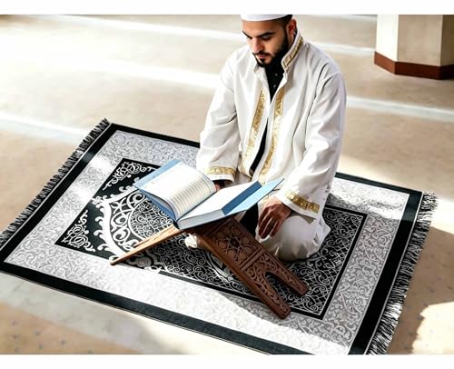 Muslim Prayer Rug and Prayer Beads with Gift Box, Soft Islamic Prayer Mat, Islamic Gifts Set, Prayer Carpet Mat, Sajadah/Janamaaz/Seccade (Black) - color: Black