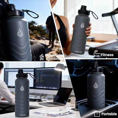 24oz Stainless Steel Insulated Water Bottle, 48H Ice Cold & 24H Hot, Leak-Proof Wide Mouth Lids (Straw & Spout), BPA-Free Bottles, Mens Water Bottle for Gym, Hiking, Travel - Grey - color: Gray, size: 24 Ounces