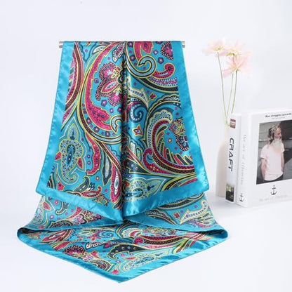 AWAYTR 35” Large Satin Square Head Scarf - 2Pcs Silk Like Floral Head Scarves Square Satin Hair Scarf Bandanas for Women - color: Paisley(blue/Red)