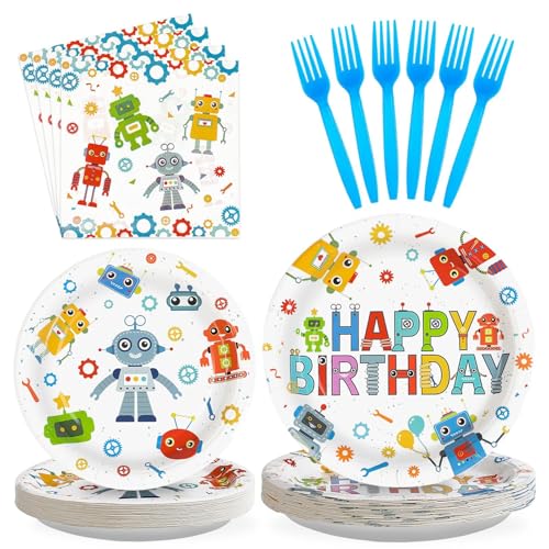 Grencian 96Pcs Robot Birthday Party Supplies Robot Themed Plates and Napkins Disposable Tableware Set for Boys Kids Birthday Party Baby Shower Decorations Serves 24 - style: Robot Theme Birthday Party Tableware Set