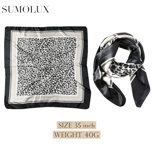 Sumolux Head Hair Scarf for Women 35" Like Satin Silk Scarf Hair Wrapping Night Bandana Large Square Scarves - color: B Black Leopard Print