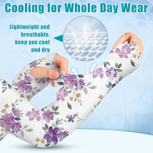 Bebila Gardening Sleeves for Women Farm UV Sun Protection Anti-Scratch Cooling Sleeves with Thumb Hole Arms Cover Outdoors - color: Light Purple Flower