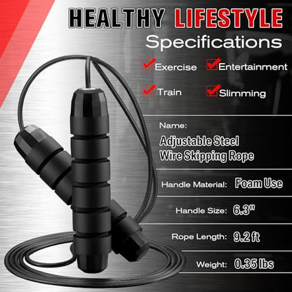 Junkin Jump Ropes for Fitness with Ball Bearings Speed Jumping Adjustable Skipping Rope with Foam Handles Exercise Stuffer for Men Women Cardio Training Slim Body - color: Black