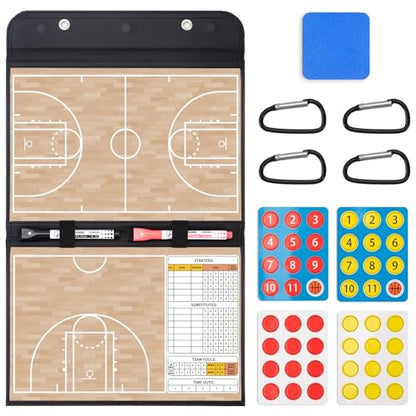 WISYOK Leather Covered Magnetic Basketball Lineup Board, Foldable and Portable Clipboard for Coaches with 48 Cards, 2 Markers, 4 Hooks and 1 Organizer Bag - style: Basketball Leather