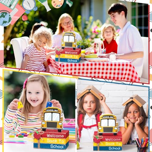 4 Pcs Back to School Table Decorations School Bus Office Decor First Day of Schooltiered Tray Decorations Decorative Mini Wooden Books Bus Signs for Office Shelf Classroom Tabletop Bookshelf - style: Bus