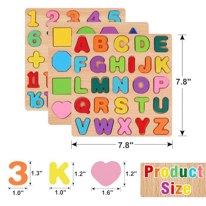 Attmu Wooden Puzzles for Toddlers, 3 Pcs Alphabet Puzzle ABC Shape Number Puzzle, Learning Toys for Kids, Preschool Educational Activities Toddler Gift Toys for Girls Boys Christmas Valentines Easter - size: 3 PCS