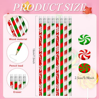 Cinrobiye 100 Pieces Christmas Pencils and Candy Cane Eraser Bulk,Xmas Stationery Pencil Christmas Eraser for Holiday School Party Favors Stocking Stuffers Classrooms Student Rewards Teacher Supplies - style: Mixed