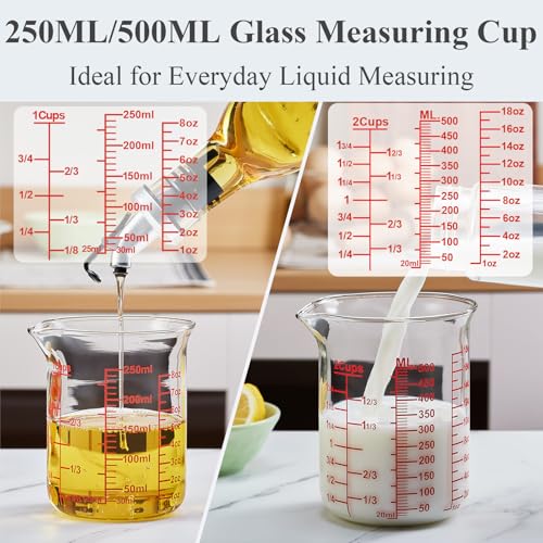 Ackers High Borosilicate Glass Measuring Cup Set with Pour Spout,60ml(2OZ),120ml(4OZ), 250ml(8OZ), 500ml(16OZ), 1000ml(32OZ) Glass Measuring Beaker for Kitchen or Restaurant, Easy to Read - size: 2oz/4oz/8oz/16oz/32oz Measuring Cup Set