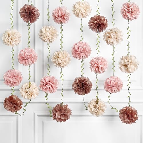 Dusty Pink Party Decorations Rose Gold Dusty Pink Beige Tissue Paper Flowers Pom Pom with Leaf Ribbon Hanging Garland Streamer for Birthday Wedding Shower Bridal Shower Engagement Party Supplies - color: Dusty Pink
