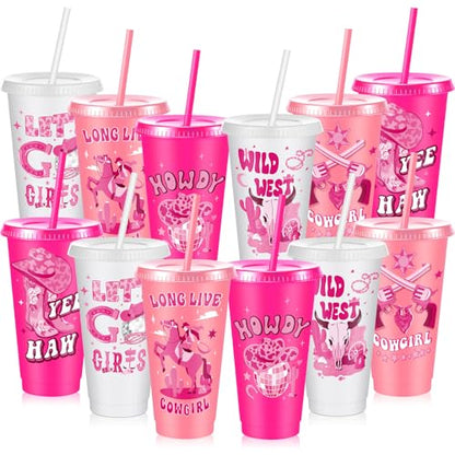 Chuangdi 12 Pcs Cowgirl Western Party Favors Pink Cowgirl Plastic Tumbler Reusable 24 oz Cups with Lids and Straws for Birthday Baby Shower Last Rodeo Party Supplies - style: Cowgirl