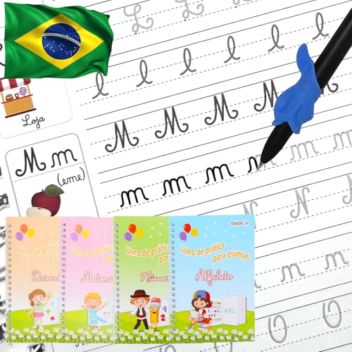 MoLingvora 4 Magic Tracing Practice Books – Grooved Handwriting Portuguese Copybooks for Kids, Reusable Writing Practice Workbooks Without Tears, Disappearing Ink for Preschool Learning (Portuguese) - color: Portuguese