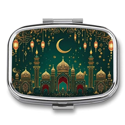 Green & Golden Islamic-Inspired Square Pill Box Metal 2.2x1.6 Inch,Medicine Storage Case Compact Travel Pill Organizer Pocket Pill Container for Daily Medication Vitamins Pills - color: Green & Golden Islamic-inspired