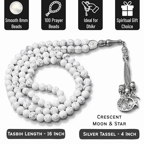 Amazing Gemstone Howlite Tasbeeh with Moon and Star Charm - Certified Crystal Muslim Prayer Beads Natural Gemstone Tasbih Gift for Ramadan Dhikr and Daily Namaz (S) - color: Howlite
