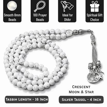 Amazing Gemstone Howlite Tasbeeh with Moon and Star Charm - Certified Crystal Muslim Prayer Beads Natural Gemstone Tasbih Gift for Ramadan Dhikr and Daily Namaz (S) - color: Howlite