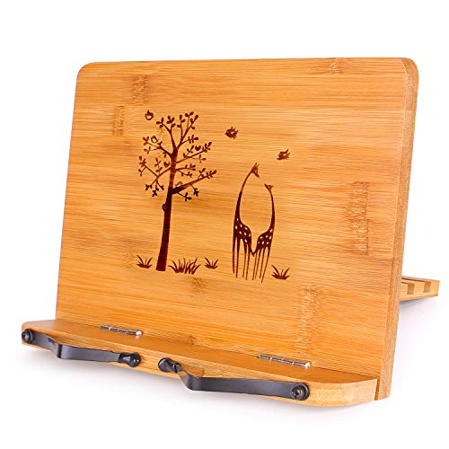 MEGREZ Foldable Bamboo Book Stand Adjustable Cookbook Reading Tablet Holder - color: Tree and Giraffe, size: 11.0 x 8.0 inch