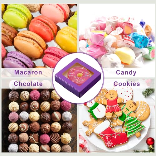 Zonon 30 Pcs Kraft Paper Boxes with Window 4.13 x 4.13 x 1.18 Inch Candy Packaging, Small Gift Boxes, Soap holder, Mini Treat Packaging for Bakery Chocolate Jewelry Display (Purple) - color: Purple