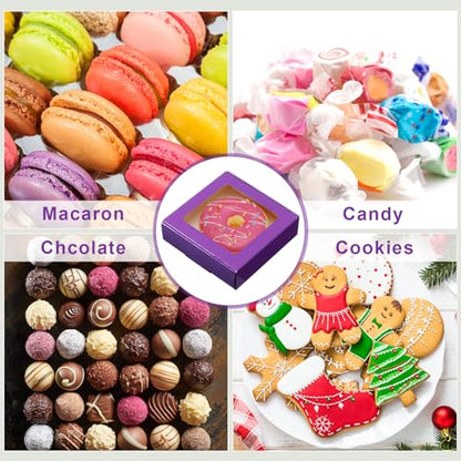 Zonon 30 Pcs Kraft Paper Boxes with Window 4.13 x 4.13 x 1.18 Inch Candy Packaging, Small Gift Boxes, Soap holder, Mini Treat Packaging for Bakery Chocolate Jewelry Display (Purple) - color: Purple