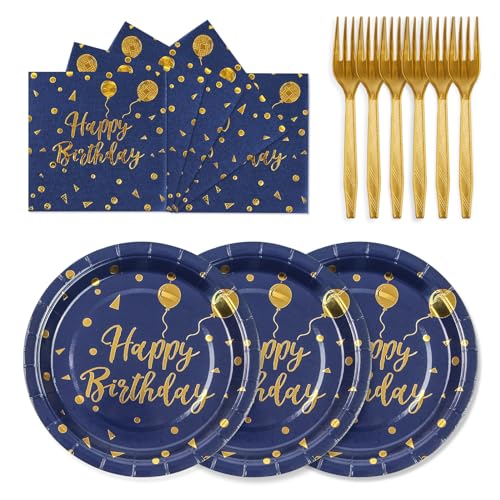 75PCS Happy Birthday Paper Plates - 7 Inch Dark Blue Gold Dot Paper Plates and 6.5 Inch Napkins with 6.3 Inch Forks Disposable Tableware Set for Birthday Party Decorations, Serves 25 - color: Deep Blue Gold, size: 7inch-75pcs
