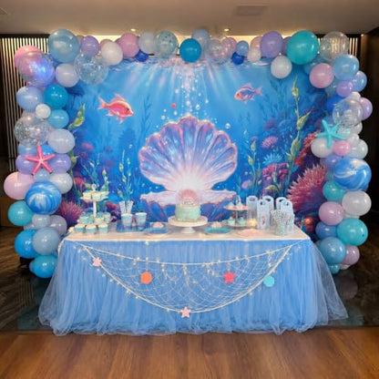 7x5FT Mermaid Backdrop Under The Sea Party Decorations | Underwater Ocean Scene with Giant Shell & Pearl,Coral Reef Fish Aquarium Background for Photography Kids Birthday Baby Shower - size: 7x5 FT