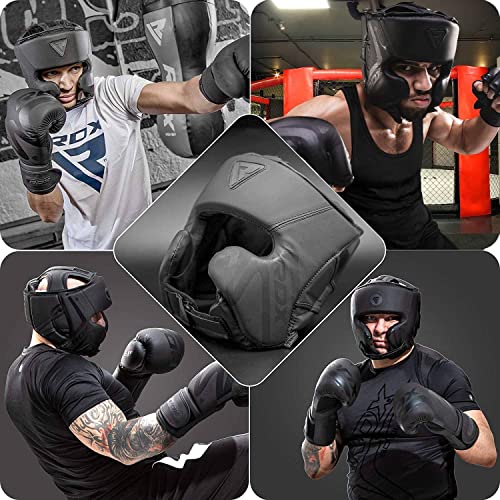 RDX Boxing Headgear Sparring Grappling, Maya Hide Leather, Head Gear for MMA Muay Thai Kickboxing Training, Multi Layered Padding, Taekwondo Martial Arts BJJ Wrestling Karate, Black - size: Small