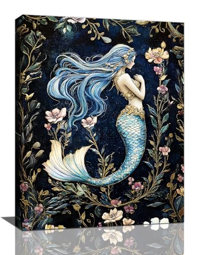 Mermaid Wall Art, Floral Pictures Wall Decor, Retro Mermaid Canvas Prints Painting, Framed Artwork for Bathroom Bedroom Living Room Girl's Room Office Home Decoration 12x16 - color: Mermaid, size: 12"L x 16"W