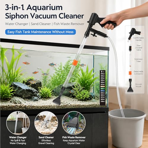 Fish Tank Cleaning Kit, Semi-Automatic Aquarium Gravel Cleaner Siphon Water Changer, Fish Tank Vacuum with Brush, Fish Waste Remover and Thermometer Strip (Non-Electronic) for Gravel and Sand Cleaning