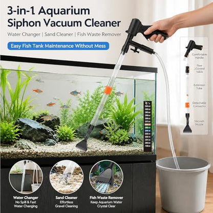 Fish Tank Cleaning Kit, Semi-Automatic Aquarium Gravel Cleaner Siphon Water Changer, Fish Tank Vacuum with Brush, Fish Waste Remover and Thermometer Strip (Non-Electronic) for Gravel and Sand Cleaning