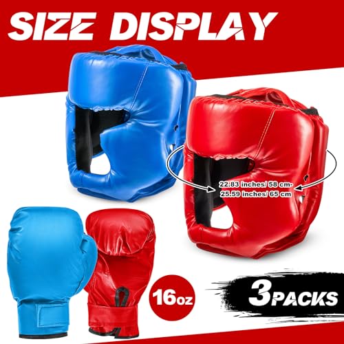 Kanayu 3 Pieces Boxing Headgear and 3 Pairs Gloves Set Shockproof Leather Boxing Helmet Safety Head Guard Punching Bag Gloves for Men Women Youth Beginners - color: Black, Blue, Red