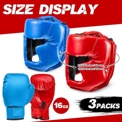 Kanayu 3 Pieces Boxing Headgear and 3 Pairs Gloves Set Shockproof Leather Boxing Helmet Safety Head Guard Punching Bag Gloves for Men Women Youth Beginners - color: Black, Blue, Red