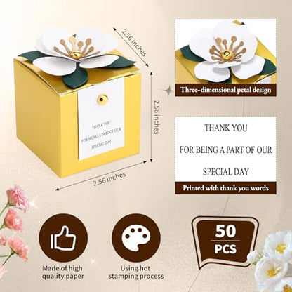 Affrolling 50 Pcs Wedding Favor Boxes with Thanks Card Square Flower Candy Boxes Paper Bridal Gift Box for Guests Wedding Bridal Shower Birthday Party Anniversary (Gold) - color: Gold