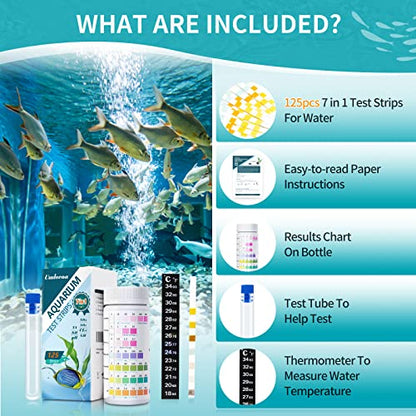 Umlecoa 7 in 1 Aquarium Test Kit for Freshwater and Saltwater - 125 Aquarium Test Strips with Test Tube & Thermometer - Fast & Accurate Water Testing Strips for Aquarium/Pond/Pool - size: 7 IN 1