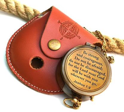 Be Strong and Courageous (Joshua 1:9) Brass Compass with wooden Box-Engraved Scripture Prayer Compass Religious Gift for Men & Women - Baptism, Confirmation, Communion Compass for Boys Graduation Gift - style: #1 Be Strong and Courageous Compass (Joshua 1