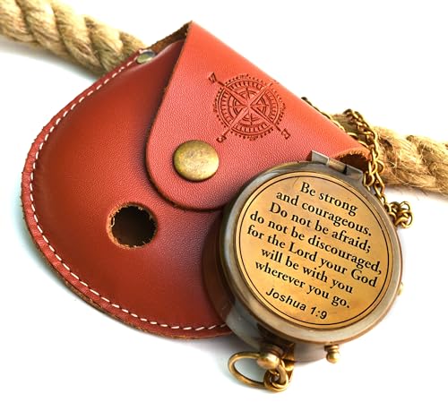 Be Strong and Courageous (Joshua 1:9) Brass Compass with wooden Box-Engraved Scripture Prayer Compass Religious Gift for Men & Women - Baptism, Confirmation, Communion Compass for Boys Graduation Gift - style: #1 Be Strong and Courageous Compass (Joshua 1