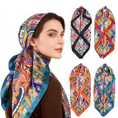 4Pcs Silk Head Scarves for Women Satin Hair Scarf 35”Large Square Bandana Silk Like Neck Scarf Shawl - color: Black/Blue/Red/Orange