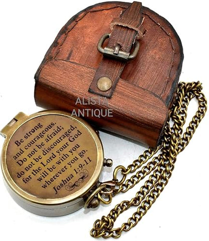 “Be Strong and Courageous” Joshua 1:9' Vintage Brass Compass with Leather Case | Timeless Pocket Compass for Men and Women | Outdoor Travel and Inspirational Quote | Religious Gift | Baptism Gift