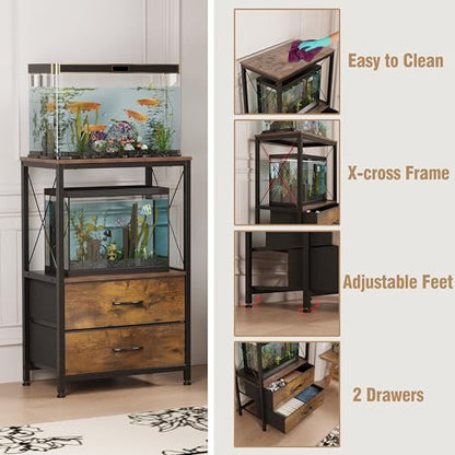 10 Gallon Aquarium Stand with 2 Drawers, Brown | 10 Gallon Fish Tank Stand; 2-Tier Storage Shelf; Heavy-Duty Metal Frame; Reptile & Turtle Tank Stand; Brown Finish - color: Brown