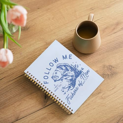 WUCHJ Blue and Yellow Retro Fish Christian Notebook, Matthew 4:19 Bible Verse Journal, Religious Scripture Spiral Notebook Journal for Note Taking, Christian Faith Based Gifts for Women Men, 5.5x8.3 Inch - color: blue fish follow me