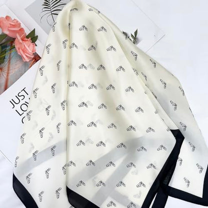 FONYVE Silk Feeling Scarf Medium Square Satin Head Scarf for Women 27.5 × 27.5 inches - color: 04 White Horsehead