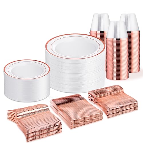 WELLIFE Rose Gold Plates, 450 PCS Disposable Dinnerware Set for 75 Guests - color: Rose Gold, size: 75 Guests