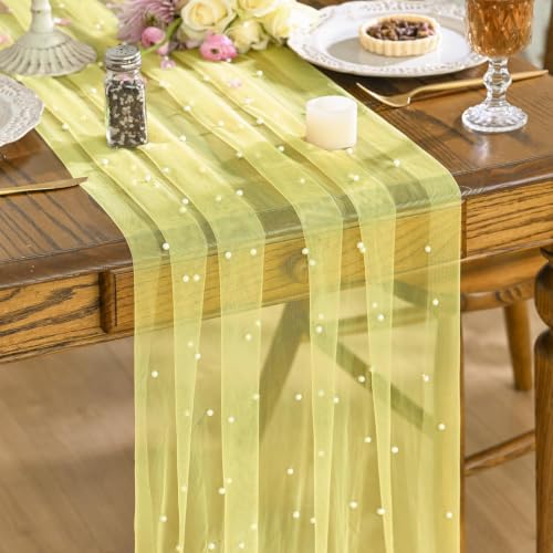 Artoid Mode Pearl Yellow Gauze Table Runner 10FT Home Decor - color: Yellow, size: 28" x 120"