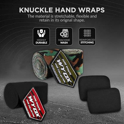 WYOX Boxing Hand Wraps & Gel Knuckle Guards Set for MMA, Muay Thai & Kickboxing - 2 Pair Hand Wraps + 1 Pair Knuckle Guards - Hand Wrist Protection for Men & Women Training - color: Green/Black