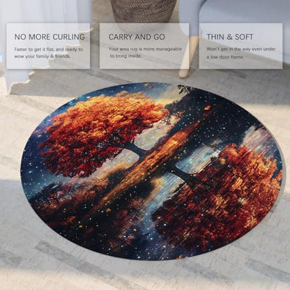 Starry Nature Round Area Rugs 7ft Autumn Tree Starry Night Sky Water Reflection Circular Rugs Washable Non Slip Carpet Large Thin Foldable Low Pile Stain Resistant Throw Mat for Bedroom Office - color: Ydt03, size: 7ft (Round)