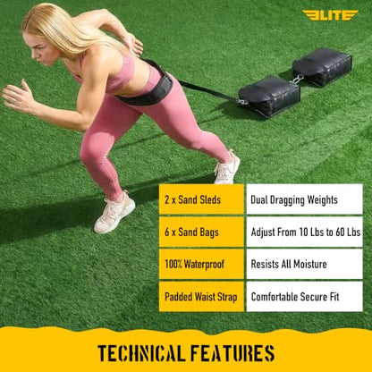 Elite Twin Sand Bag Sled Workout Sled – Waterproof UNFILLED Weight Sled Trainer with 6-Level 10–60 lb Resistance Pull System, Adjustable Waist Strap for Speed, Strength, Endurance & Agility Training