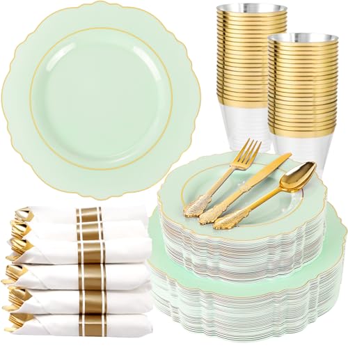 Liacere 350PCS Light Green Plates - Disposable Green and Gold Plastic Plates 50guest Baroque Dinnerware include 100Plates,50Pack Pre Rolled Napkins with Silverware 50Cups for Wedding ＆ Party & Spring - color: Sage Green
