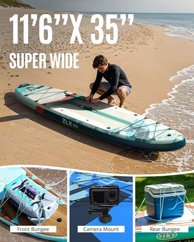 ZLX 11'6"x35" Ultra Wide Inflatable Stand Up Paddle Board | Stable Non-Slip Deck Pad, Unique Fin System, Premium SUP Accessories & Backpack - Upgraded Pump for Adults, All Skill Levels - color: Seafoam Green