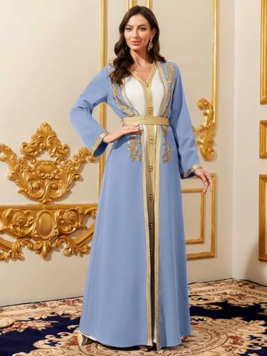 Elegant Muslim Dress with Gold Embroidered Evening Gown, Traditional Islamic Attire - color: Light Blue, size: Small